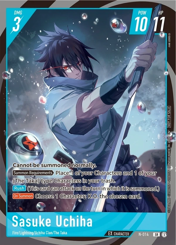 Sasuke Uchiha EX kártya – DMG, POW/HP és képességdoboz jelölésekkel